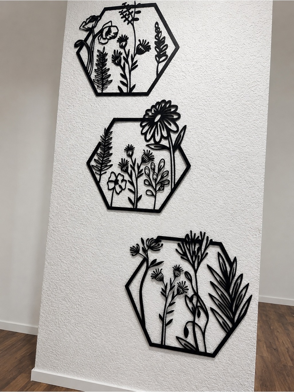 Hexagon Floral Metal Wall Art Set - Black
